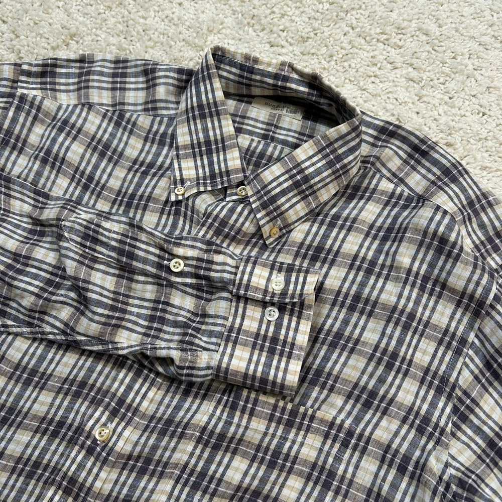 Burberry London Button Down Shirt Large Blue Tan Plaid Linen Made in USA